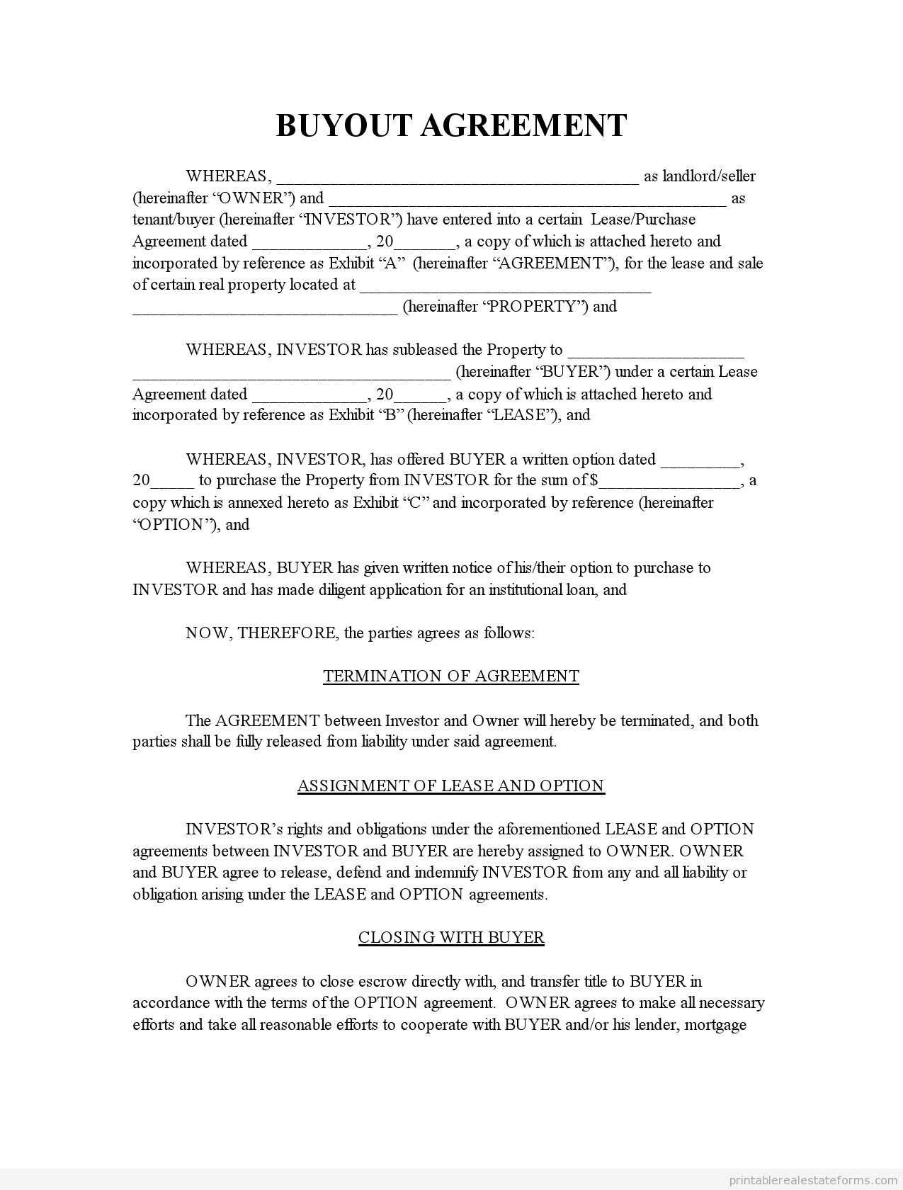 Free Printable Buyout Agreement Form PDF & WORD