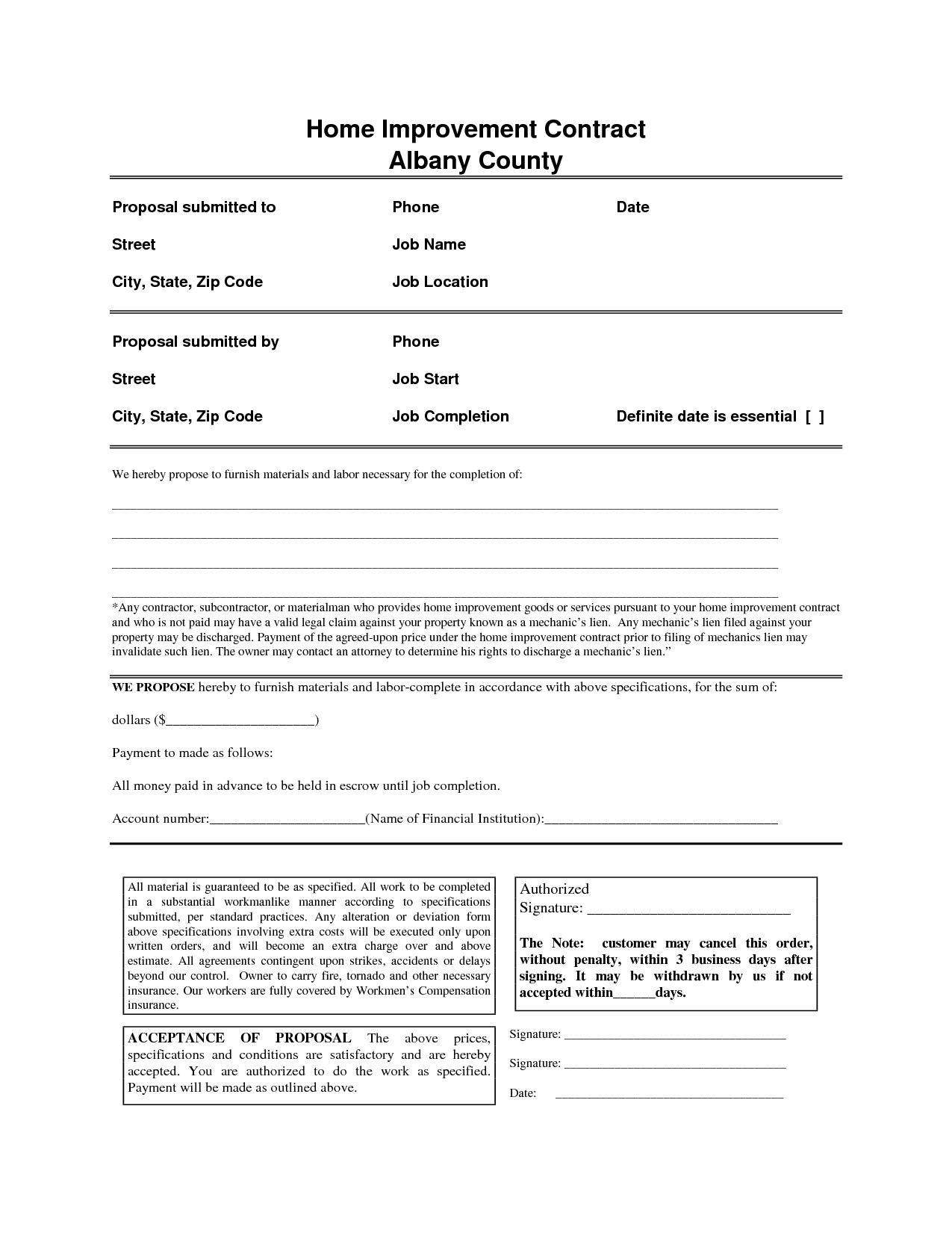 Home Improvement Contract Free Printable Documents