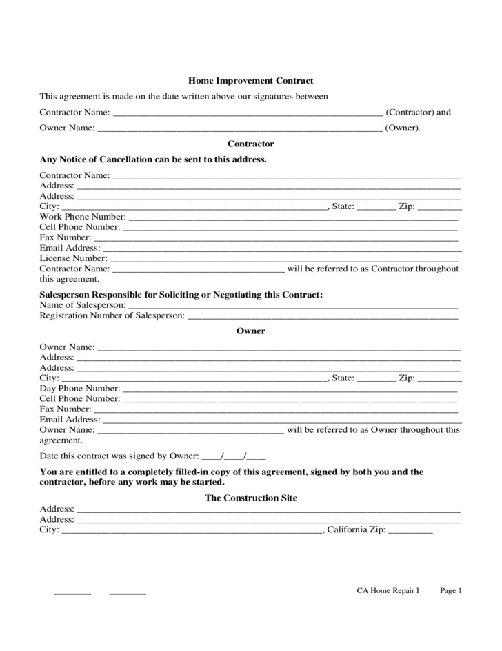 Home Improvement Contract Sample Free Download