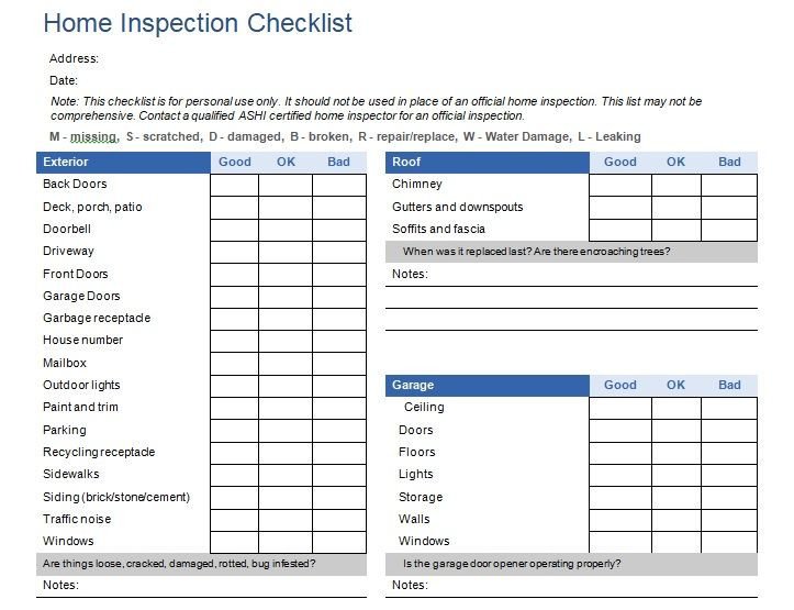 Home inspection checklist template excel and word