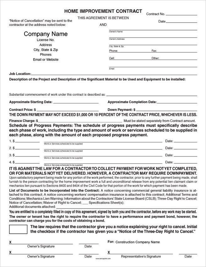 Word & PDF Home Improvement Contract Forms