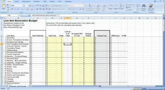 Renovation Construction Bud Spreadsheet Implementing