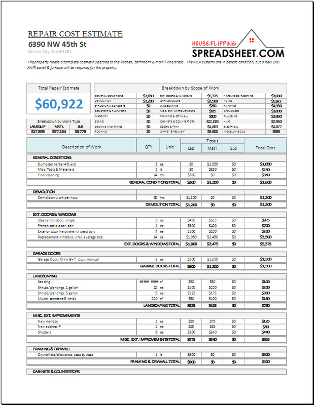 Repair Cost Calculator House Flipping Spreadsheet