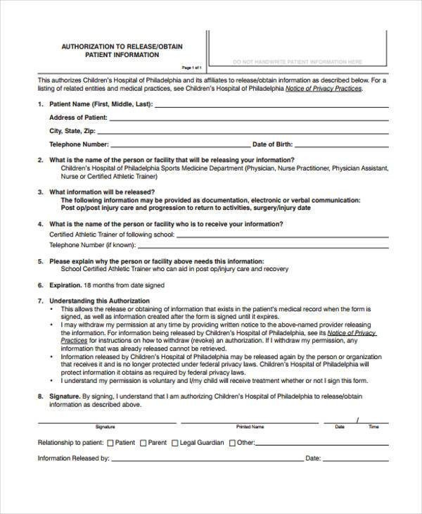 9 Hospital Release Form Samples Free Sample Example