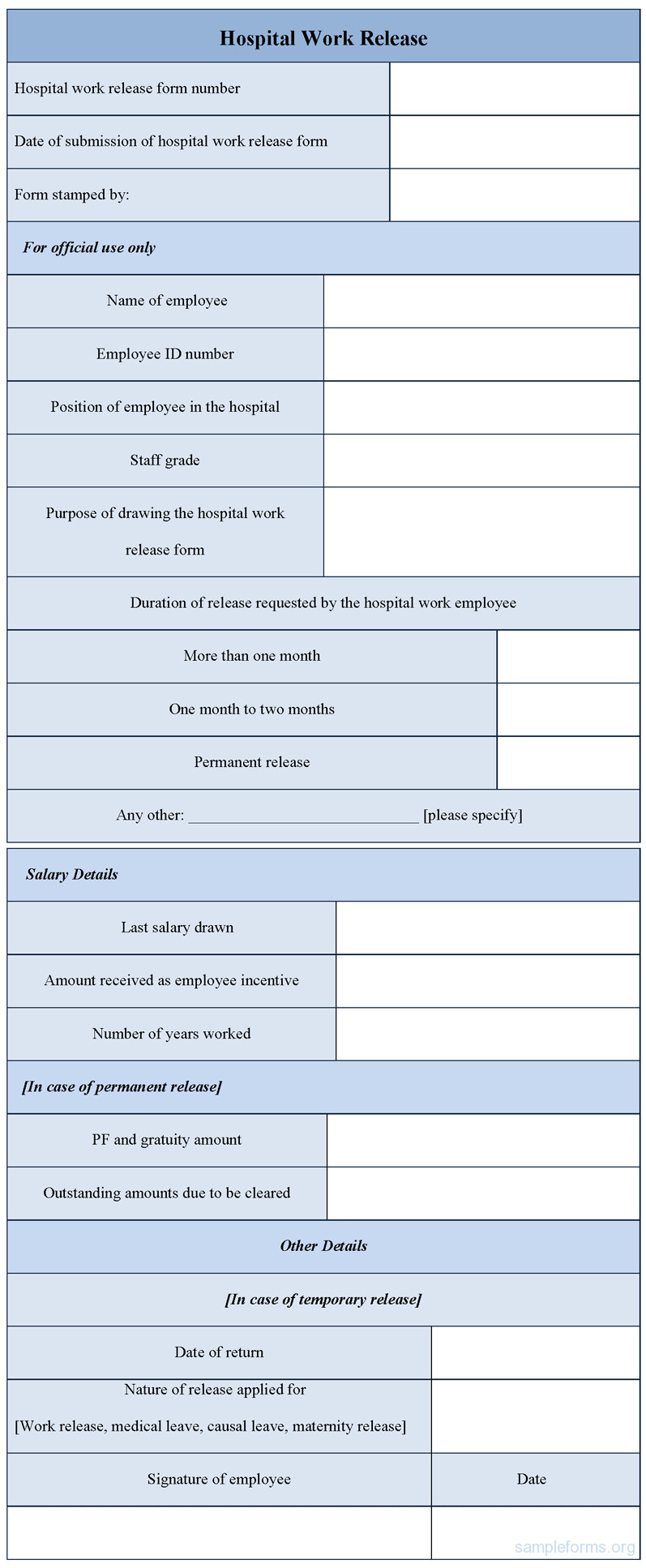 Hospital Work Release Form Sample Forms