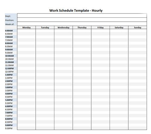 Work Schedule Template Hourly for Week Microsoft Excel