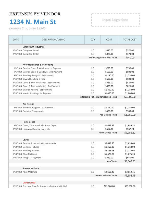 Expenses by Vendor Report House Flipping Spreadsheet