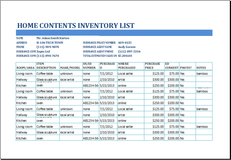 Excel Home Contents Inventory List Template