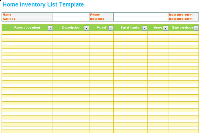 Home inventory list template Dotxes