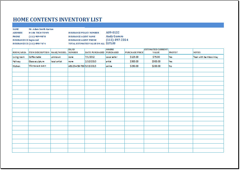 MS Excel Household Inventory List Template