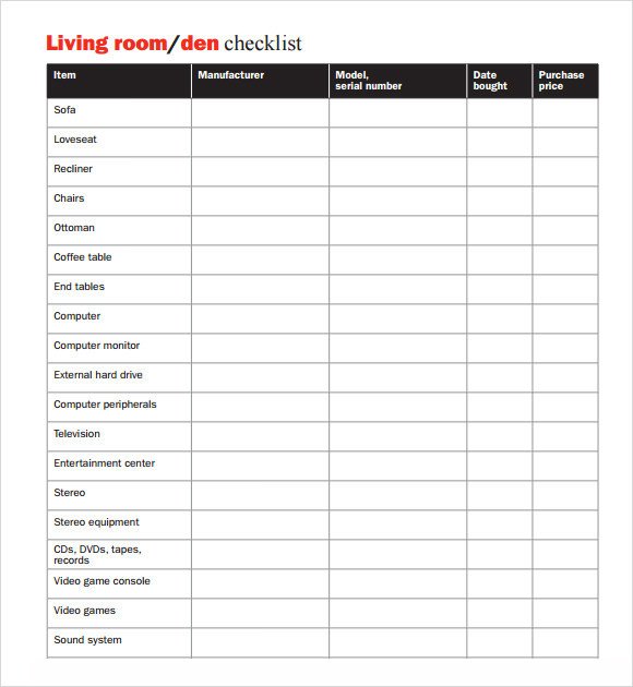 Sample Home Inventory Template Free Documents Download