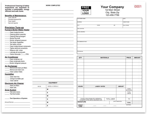 HVAC safety inspection and cleaning invoice