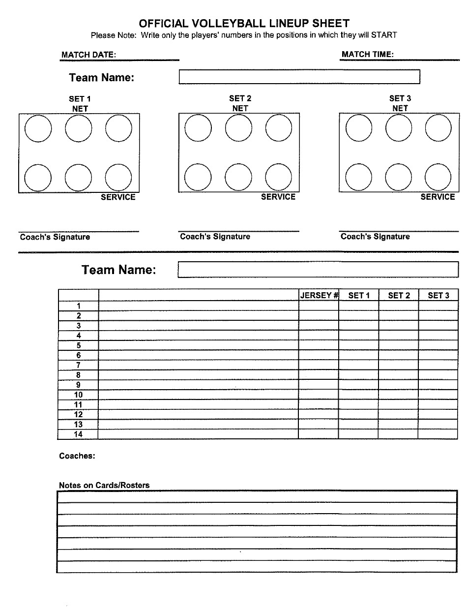 ficial Volleyball Lineup Sheet printable pdf