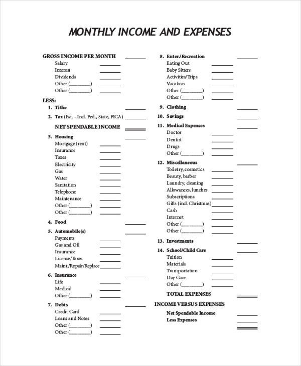 9 In e and Expense Form Sample Free Sample Example