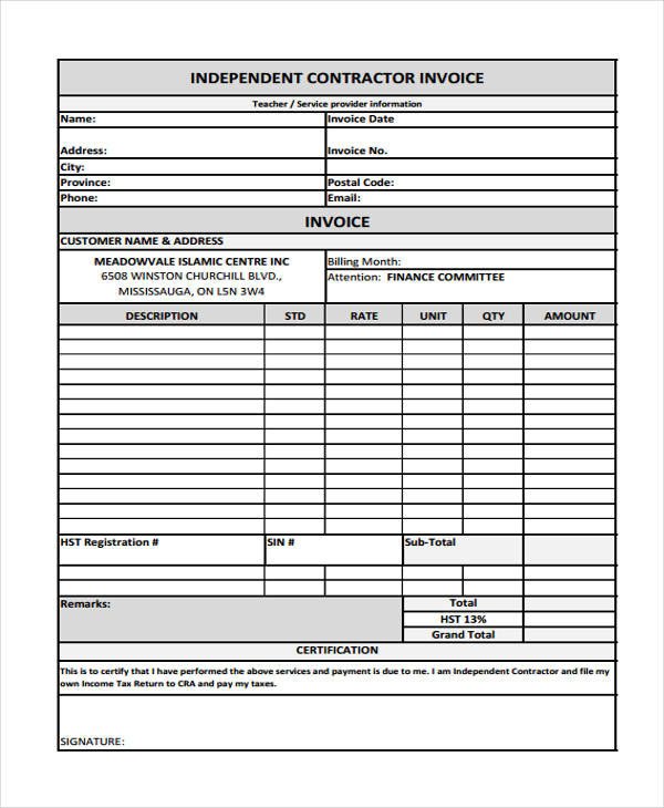 Contractor Invoice Template 10 Free Word PDF Format