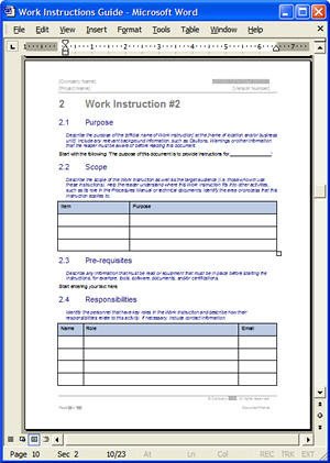 MS Word Work Instructions Template Example