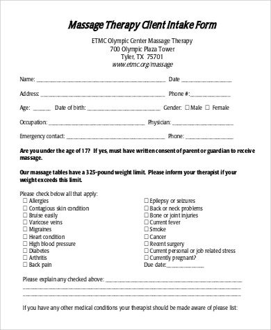 Sample Massage Intake Form 9 Examples in Word PDF