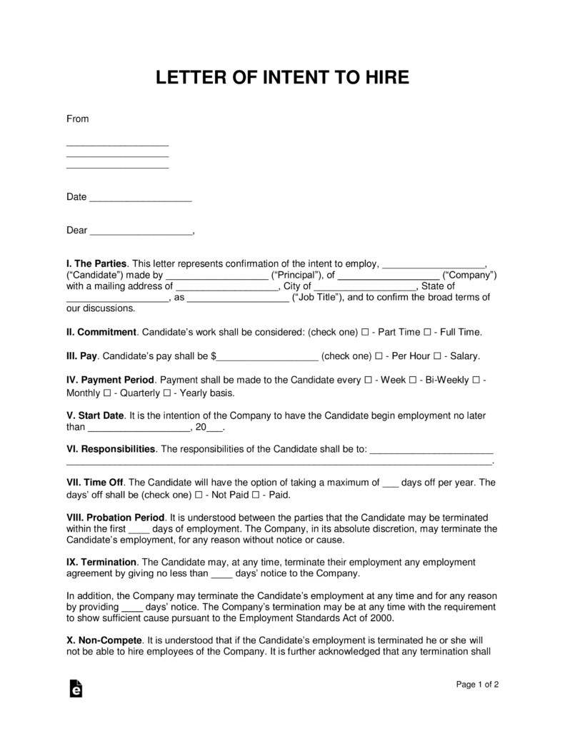 Free Intent to Hire Letter of Intent Template PDF