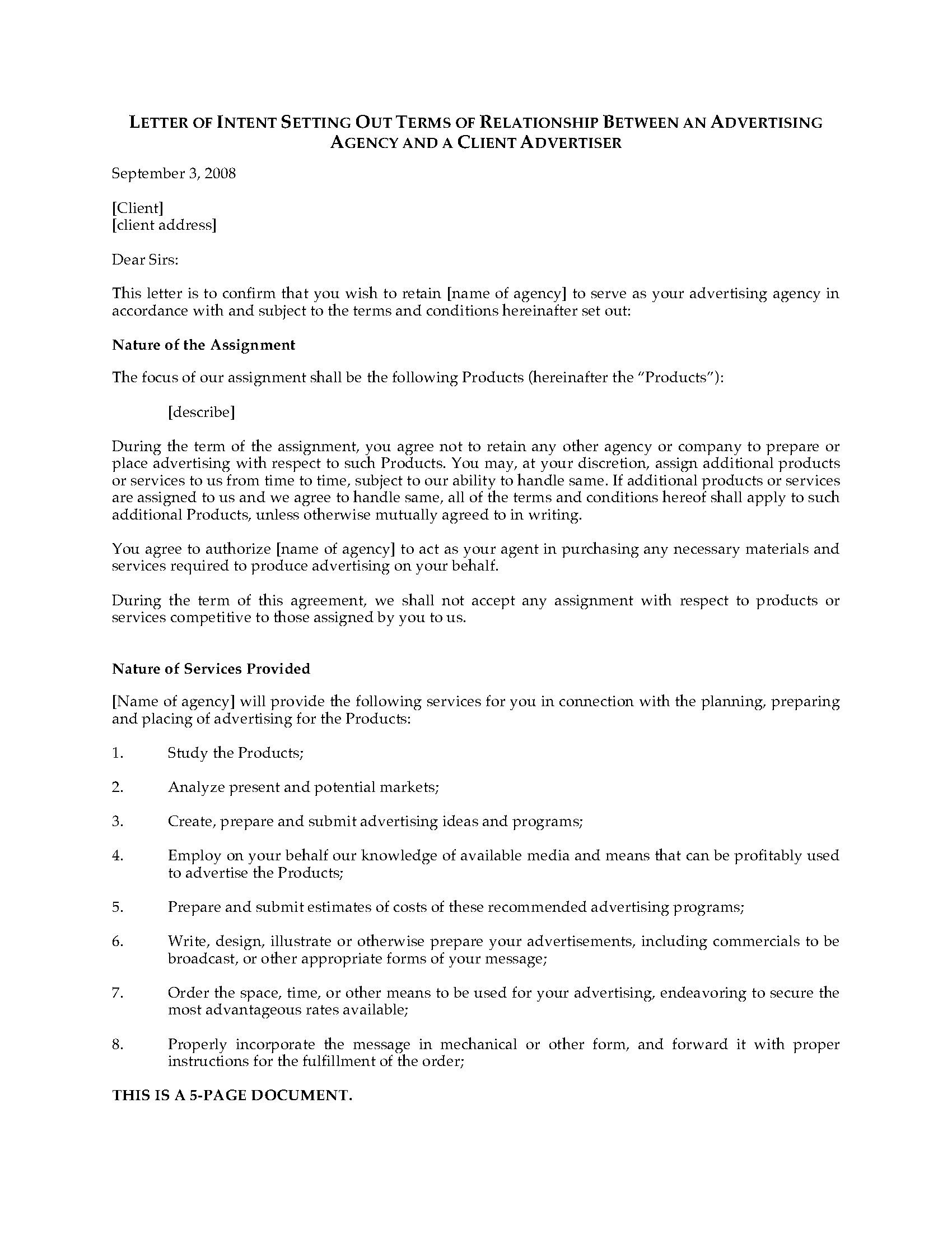 Letter of Intent to Hire Advertising Agency