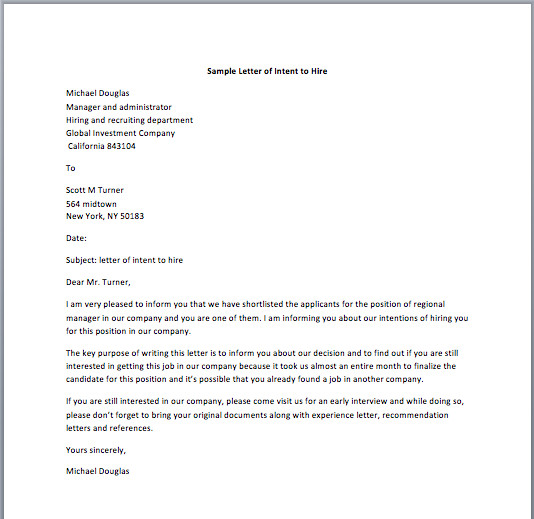 Sample Letter of Intent to Hire Smart Letters