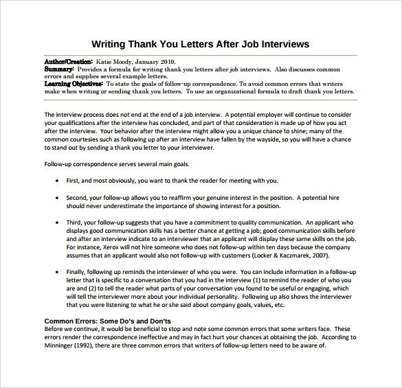Thank You Letter After Job Interview 15 Download Free