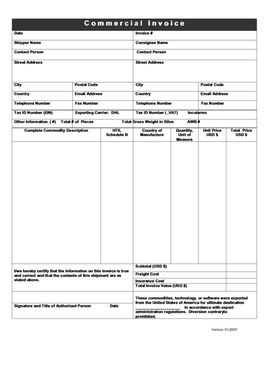 Fillable mercial Invoice Template printable pdf