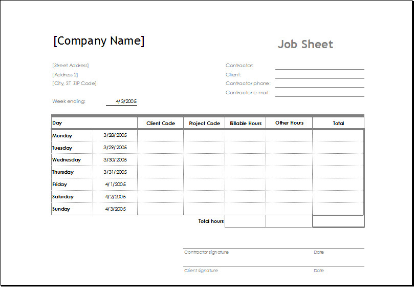 Sample Job Sheet Template for MS EXCEL