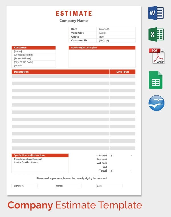 26 Blank Estimate Templates PDF DOC Excel ODT
