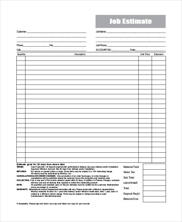 Sample Estimate Form 9 Examples in PDF Word