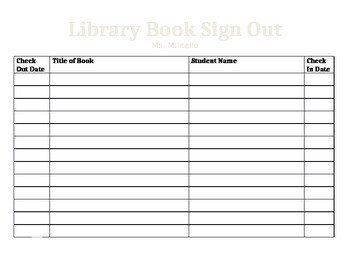 Classroom Library Sign Out Sheet editable by Militello