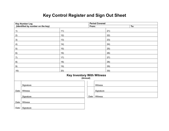 Key control register and sign out sheet in Word and Pdf