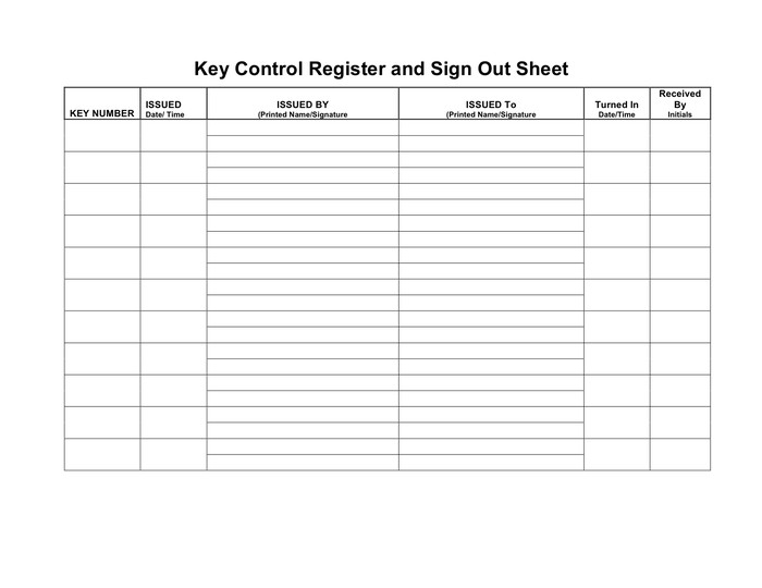 Key control register and sign out sheet in Word and Pdf