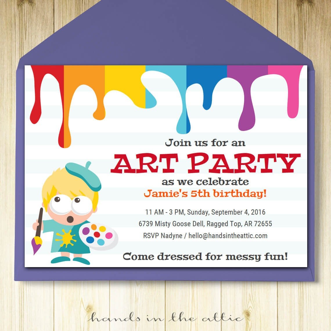 Art party invitation card template printable kids painting