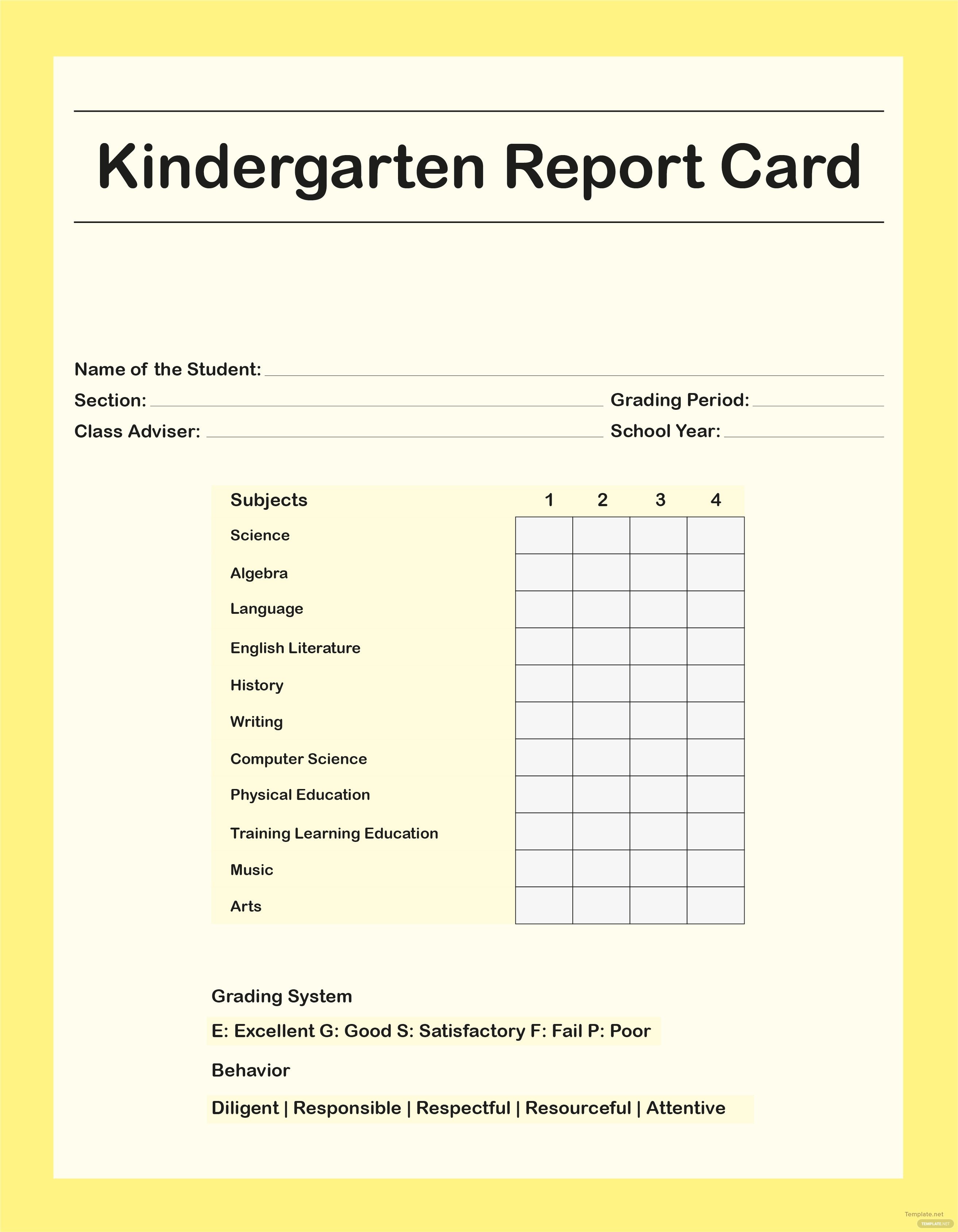 Free Kindergarten Report Card Template in Adobe shop