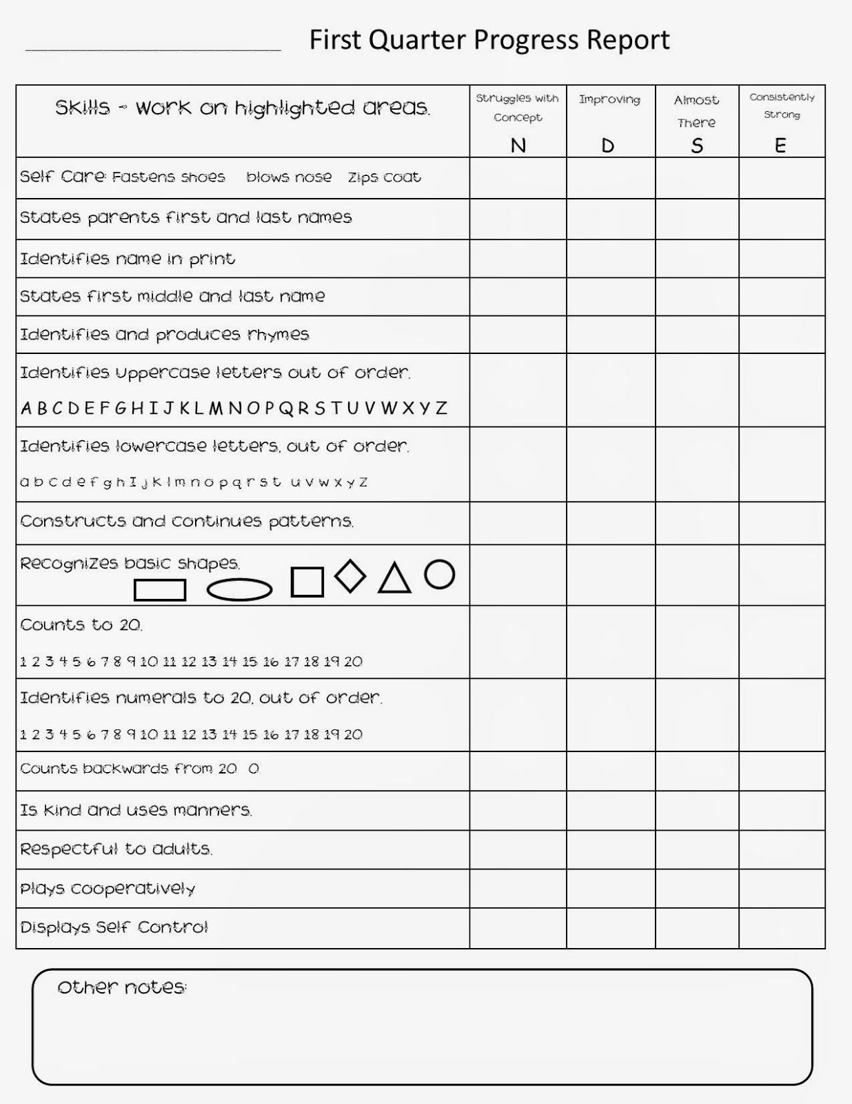 Mrs O s Kindergarten and Family Blog Report Card Skills