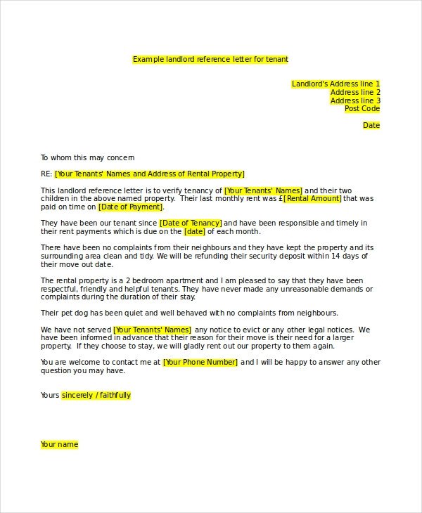 16 Landlord Reference Letter Template Free Sample
