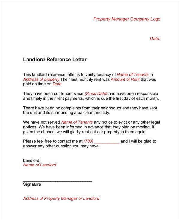 Sample Landlord Reference Letter 6 Examples in Word PDF