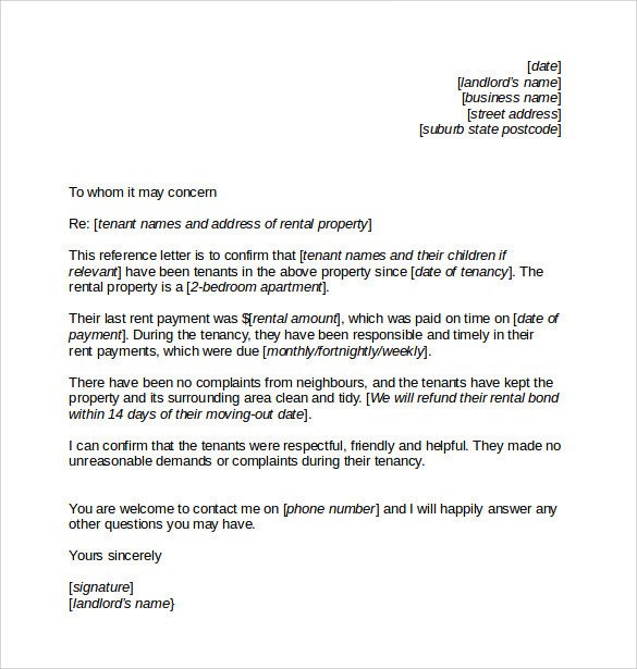 Landlord Reference Letter Template 10 Samples