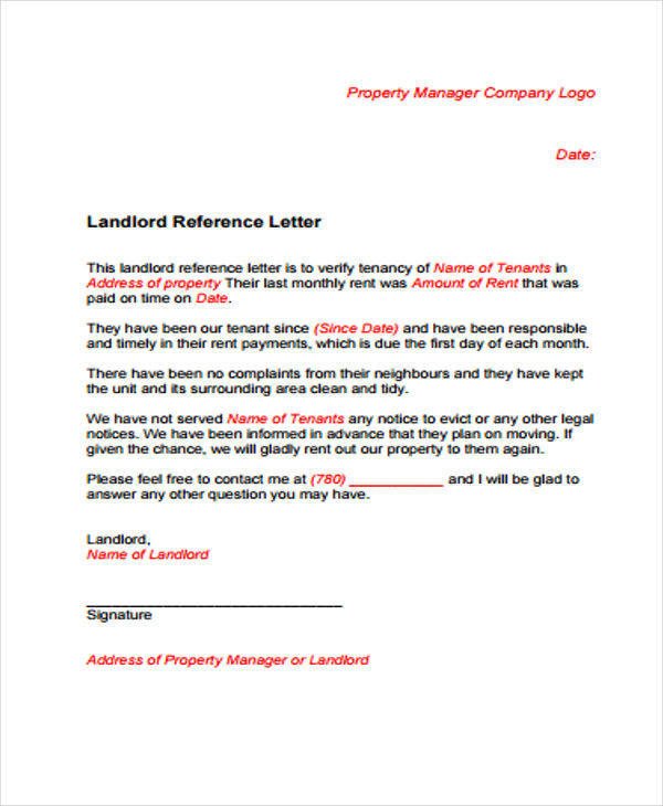 Sample Rental Reference Letter 8 Examples in PDF Word
