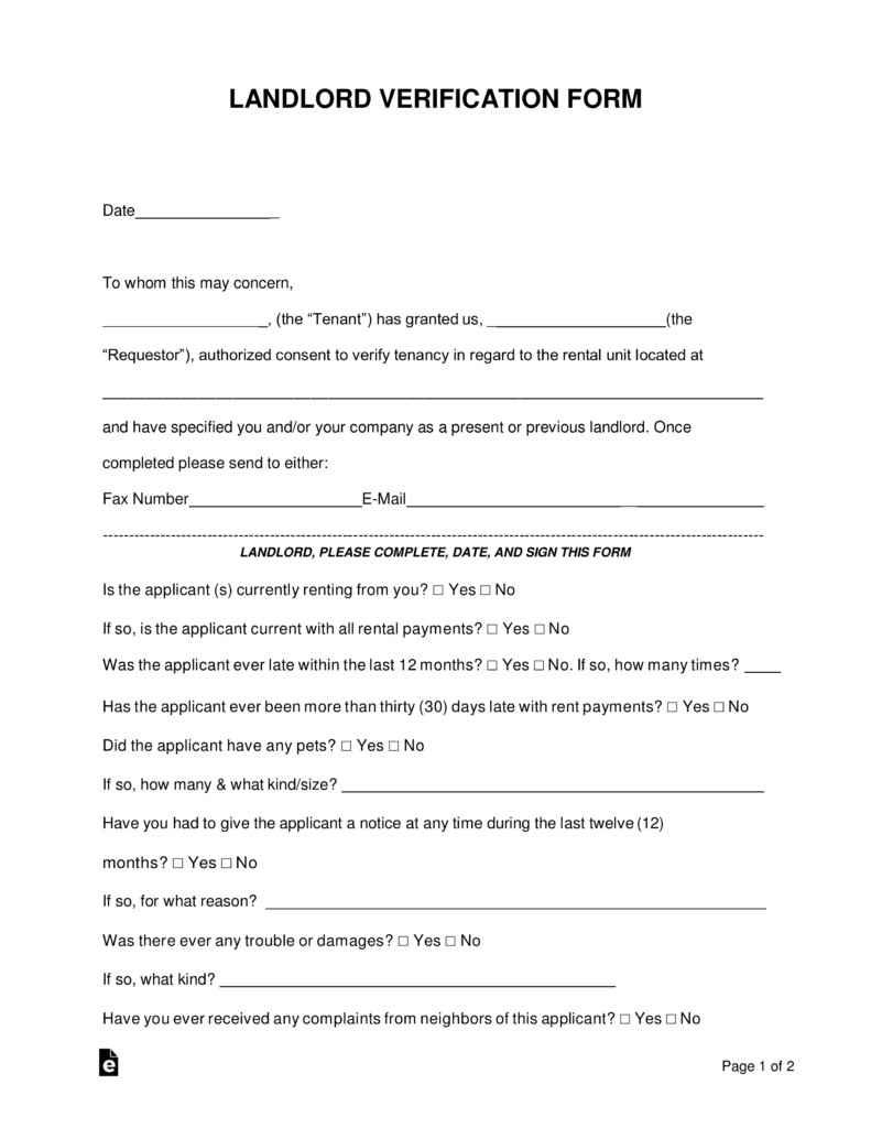 Free Rent Landlord Verification Form PDF