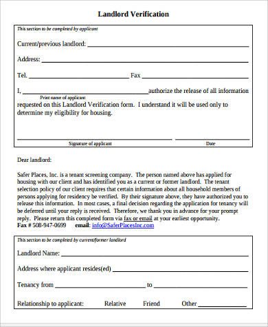 Landlord Verification Sample Forms 8 Free Documents in