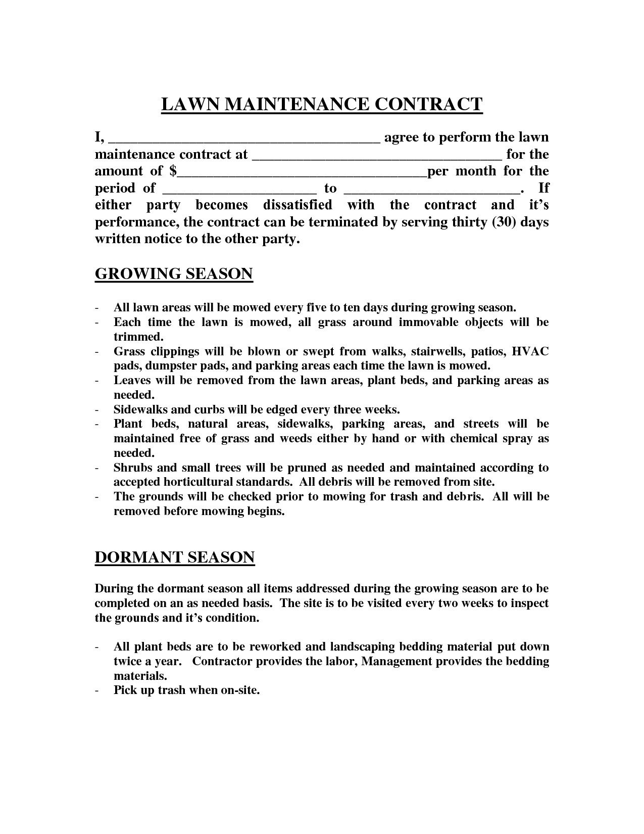 Lawn Maintenance Contract Agreement Free Printable Documents