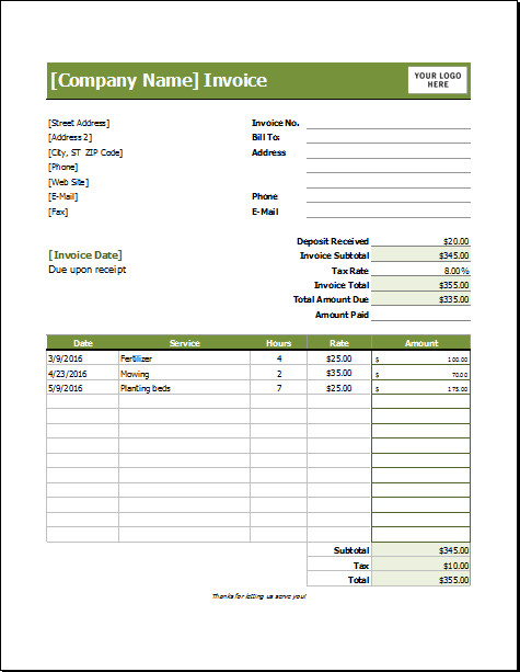 Lawn Care Invoice Template for EXCEL
