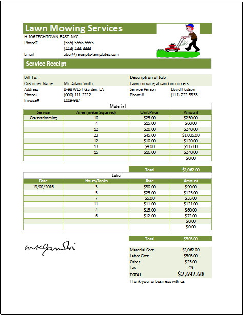 lawn mowing receipt template at receipts templates