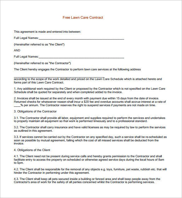 9 Lawn Service Contract Templates PDF DOC Apple Pages