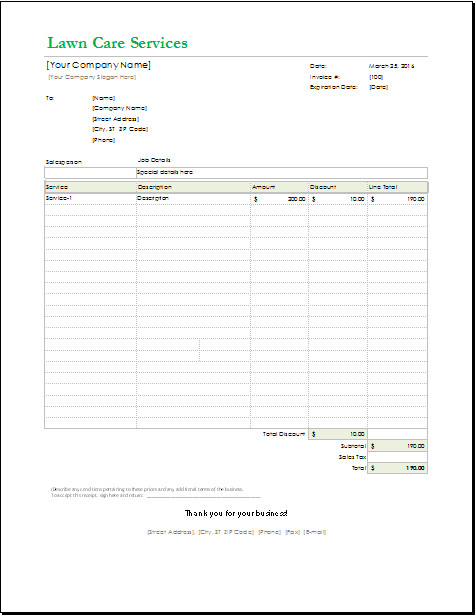 Lawn Care Receipt Template for EXCEL