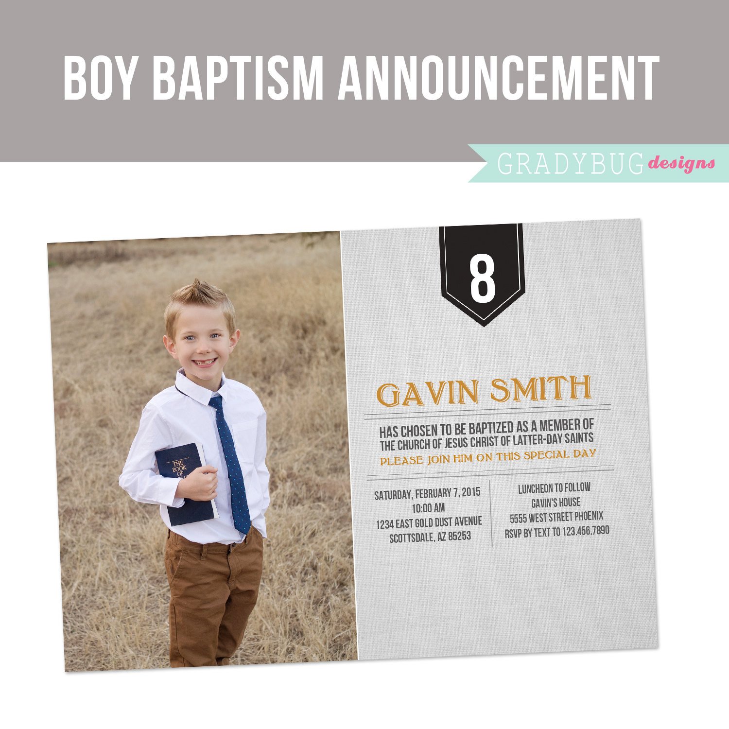 LDS Baptism Invitation Boys Baptism by gradybugdesigns on Etsy