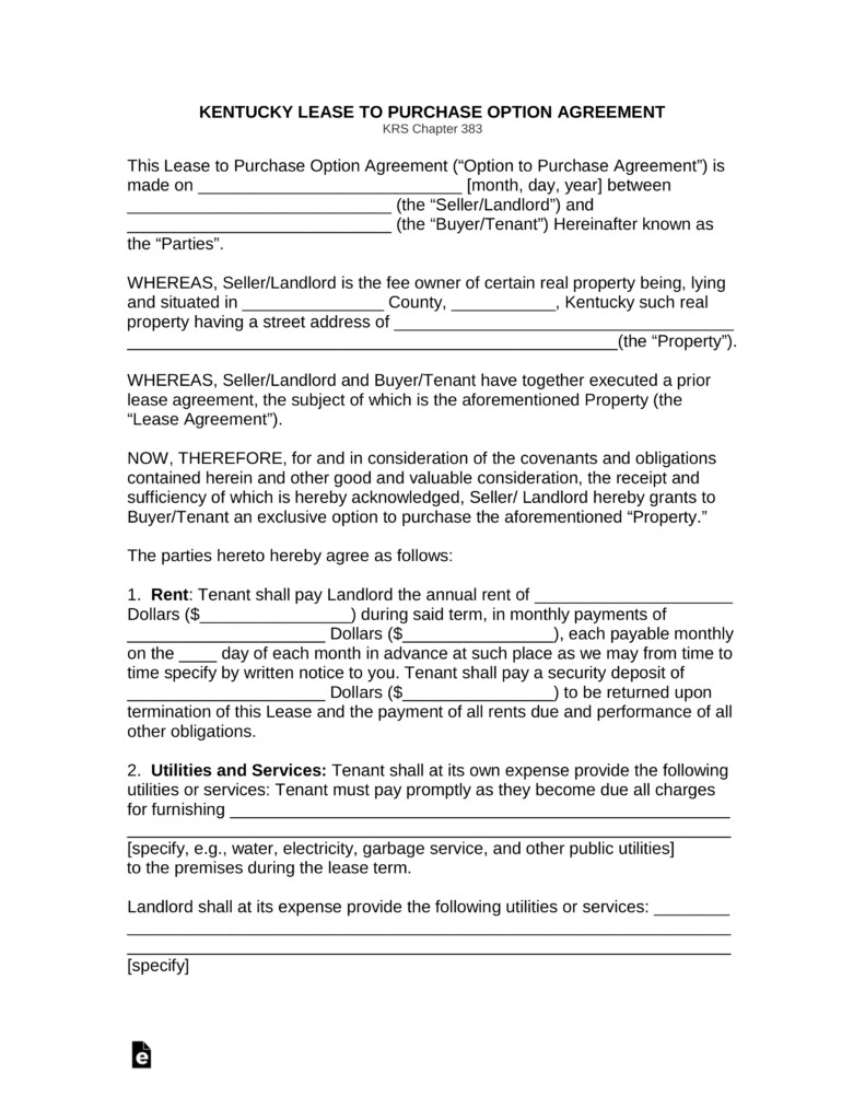 Free Kentucky Lease Agreement with Option to Purchase Form