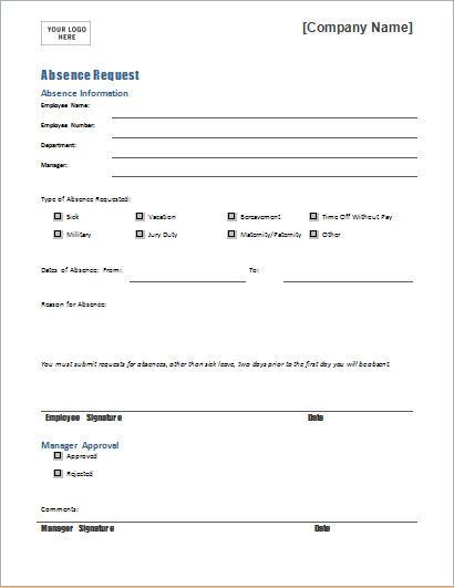 EMPLOYEE Absence Request Form Template for WORD