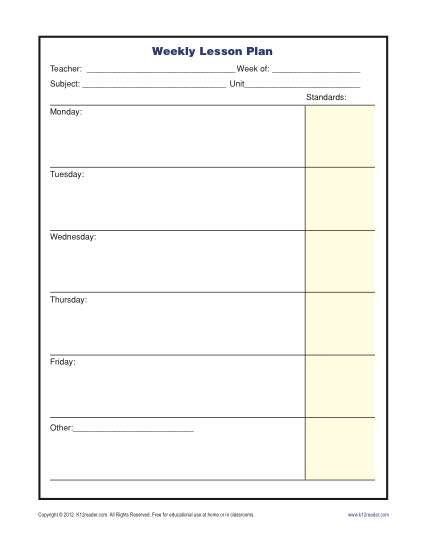 Weekly Lesson Plan Template with Standards Elementary